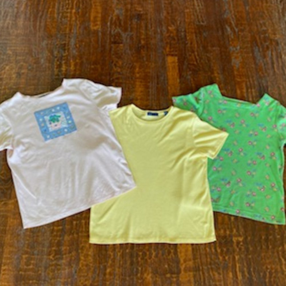 Lot of 3 * KAREN SCOTT s/s T-SHIRTS * PINK flowerpot~Basic YELLOW~GREEN Floral S